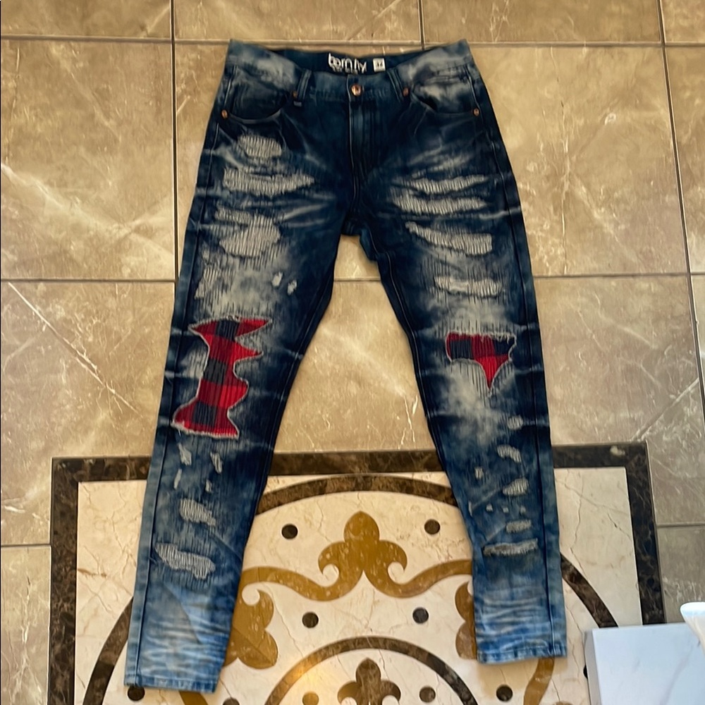 Bonafy Distressed Denim Jeans with Red Patches
